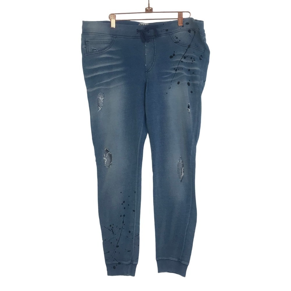 #189 PAM & GELA Blue Distressed Paint-Splatter Track Joggers L